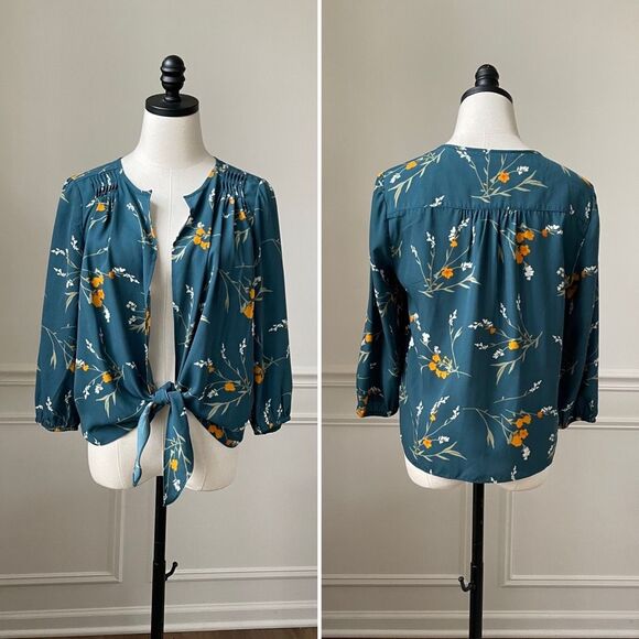 Collective Concept Stitch Fix Open Front Knotted Green Floral Blouse M Petite - Picture 1 of 9